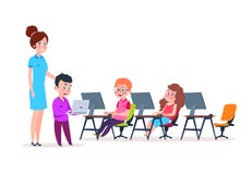 Kids in computer lab. School children coding at computers. Cartoon boys and girs learning new technology. Education vector illustration Kids in computer lab. School children coding at computers. Cartoon boys and girs learning new technology. Education vector illustration