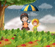 Kids in the garden when it is raining vector illustration Kids in the garden when it is raining vector illustration