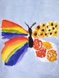 Kids painting colorful butterfly with rainbow wings
