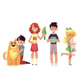 Kids with pets - dog, cat, parrot and golden fish Stock Photography Kids with pets - dog, cat, parrot and golden fish Stock Photography