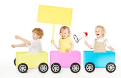 Kids Playing Train Advertising Toy. Children with Blank Ads Board and Megaphone on White stock image Kids Playing Train Advertising Toy. Children with Blank Ads Board and Megaphone on White stock image
