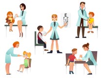 Kids visit a doctor cartoon flat vector illustration. Pediatrician and examine a patient. on white background stock illustration Kids visit a doctor cartoon flat vector illustration. Pediatrician and examine a patient. on white background stock illustration
