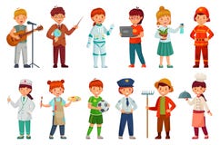 Kids workers. Child professional uniform, policeman kid and baby job professions cartoon vector set