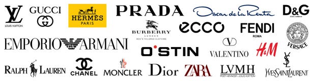 Top 10 most popular clothing brands. Logo Louis Vuitton, GUCCI, Hermes,  Prada, Coco Chanel, Ralph Lauren, Burberry, Versace, Fendi, Armani. Vector  illustration Stock Vector