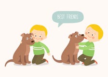 Kind umfasst liebevoll seinen Schoßhund Ein kleiner Hund, der eine Junge ` s Backe leckt Beste Freunde Karikaturvektorclipart stock abbildung Kind umfasst liebevoll seinen Schoßhund Ein kleiner Hund, der eine Junge ` s Backe leckt Beste Freunde Karikaturvektorclipart stock abbildung