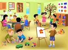 Kinder, die verschiedene Tätigkeiten im Kindergarten tun vektor abbildung Kinder, die verschiedene Tätigkeiten im Kindergarten tun vektor abbildung
