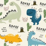 Kinderachtig dinosaurus naadloos patroon voor manierkleren, stof, t-shirts Hand getrokken vector met het van letters voorzien royalty-vrije illustratie Kinderachtig dinosaurus naadloos patroon voor manierkleren, stof, t-shirts Hand getrokken vector met het van letters voorzien royalty-vrije illustratie