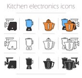 Kitchen electronics icons set. Kitchenware equipment. Meat grinder, mixer, squeezer. Modern household electric tools. Vector cooking infographic color stock illustration Kitchen electronics icons set. Kitchenware equipment. Meat grinder, mixer, squeezer. Modern household electric tools. Vector cooking infographic color stock illustration