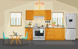 Kitchen interior view. Fridge and oven, utensil royalty free illustration Kitchen interior view. Fridge and oven, utensil royalty free illustration