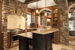 Kitchen Interior With Stone Accents In Affluent Ho Stock Photo Kitchen Interior With Stone Accents In Affluent Ho Stock Photo