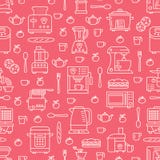 Kitchen utensil, small appliances red seamless pattern with flat line icons. Background with household cooking tools - Royalty Free Stock Photo Kitchen utensil, small appliances red seamless pattern with flat line icons. Background with household cooking tools - Royalty Free Stock Photo