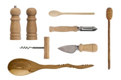 Kitchenware de madeira isolado no fundo branco Colheres, corkscrew, facas, abanador de sal e pimenta imagens de stock Kitchenware de madeira isolado no fundo branco Colheres, corkscrew, facas, abanador de sal e pimenta imagens de stock