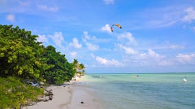 Kitesurfer πέρα από μια όμορφη τροπική παραλία και ένα ειρηνικό τυρκουάζ νερό κρυστάλλου Cayo Guilermo, $cu Στοκ Εικόνα Kitesurfer πέρα από μια όμορφη τροπική παραλία και ένα ειρηνικό τυρκουάζ νερό κρυστάλλου Cayo Guilermo, $cu Στοκ Εικόνα
