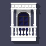 Klassisk stilbalkong med baluster, gavlar och kolonner välvt fönster Arkitektonisk beståndsdel med inbyggde skuggor stock illustrationer Klassisk stilbalkong med baluster, gavlar och kolonner välvt fönster Arkitektonisk beståndsdel med inbyggde skuggor stock illustrationer