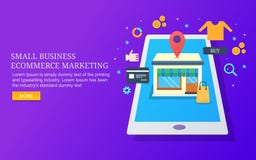 Kleine bedrijfsoptimalisering, elektronische handelopslag die, digitale marketing, online winkelen vector illustratie Kleine bedrijfsoptimalisering, elektronische handelopslag die, digitale marketing, online winkelen vector illustratie