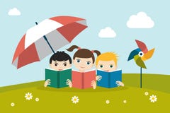 Kleine nette Gruppe von drei Kindern, die die Bücher lesend sitzen auf dem Gras unter Sonnenregenschirm sind stock abbildung Kleine nette Gruppe von drei Kindern, die die Bücher lesend sitzen auf dem Gras unter Sonnenregenschirm sind stock abbildung