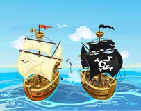 Kleurrijke illustratie met de slag van het piraatschip in het overzees Vector vector illustratie Kleurrijke illustratie met de slag van het piraatschip in het overzees Vector vector illustratie