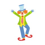 Kleurrijke Vriendschappelijke Clown With Curled Shoes in Klassieke Uitrusting Stock Afbeelding