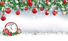 Klocka 2018 för struntsaker för snö för ris för jultitelradgräsplan stock illustrationer Klocka 2018 för struntsaker för snö för ris för jultitelradgräsplan stock illustrationer