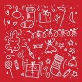 Klotterbeståndsdelar för lyckligt nytt år och för glad jul vektor Hand isolerad dragen illustration royaltyfri illustrationer Klotterbeståndsdelar för lyckligt nytt år och för glad jul vektor Hand isolerad dragen illustration royaltyfri illustrationer
