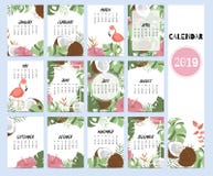 Klotterkalenderuppsättningen 2019 med bananbladet, hibiskus, gömma i handflatan, trädet, coc stock illustrationer Klotterkalenderuppsättningen 2019 med bananbladet, hibiskus, gömma i handflatan, trädet, coc stock illustrationer