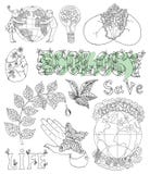 Klottra uppsättningen med ecoteckningar, symboler och symboler vektor illustrationer Klottra uppsättningen med ecoteckningar, symboler och symboler vektor illustrationer