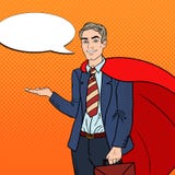 Knall Art Happy Super Businessman im roten Kap zeigend auf Kopien-Raum 3d übertragen lizenzfreie abbildung Knall Art Happy Super Businessman im roten Kap zeigend auf Kopien-Raum 3d übertragen lizenzfreie abbildung