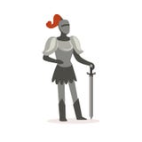 Knight il vestito pieno di armatura che sta con la spada, illustrazione variopinta di vettore del carattere medievale europeo Immagini Stock Knight il vestito pieno di armatura che sta con la spada, illustrazione variopinta di vettore del carattere medievale europeo Immagini Stock