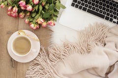 Kobiecy miejsca pracy pojęcie Freelance workspace z laptopem, kwiat róże Blogger działanie zdjęcie stock Kobiecy miejsca pracy pojęcie Freelance workspace z laptopem, kwiat róże Blogger działanie zdjęcie stock