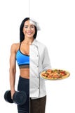 Kobieta w dwa zajęciach sprawność fizyczna trener i pizza producent obraz royalty free Kobieta w dwa zajęciach sprawność fizyczna trener i pizza producent obraz royalty free