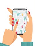 Kobieta wręcza mienia smartphone z miasto uliczną mapą na ekranie Online carshering poj?cie Palec naciska geolocation guzika GPS ilustracja wektor Kobieta wręcza mienia smartphone z miasto uliczną mapą na ekranie Online carshering poj?cie Palec naciska geolocation guzika GPS ilustracja wektor