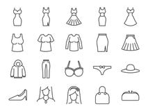 Kobiety ikony odzieżowy set Zawrzeć ikony jak suknie, workwear, modę, cajg, koszula, spódnicę, akcesoria i więcej, ilustracji Kobiety ikony odzieżowy set Zawrzeć ikony jak suknie, workwear, modę, cajg, koszula, spódnicę, akcesoria i więcej, ilustracji