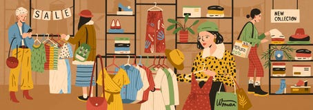 Kobiety wybiera i kupuje elegancki odziewają przy sklepu odzieżowego lub odzieży butikiem Żeński klientów nabywać modny ilustracja wektor Kobiety wybiera i kupuje elegancki odziewają przy sklepu odzieżowego lub odzieży butikiem Żeński klientów nabywać modny ilustracja wektor