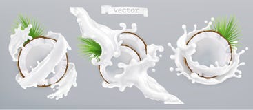 Kokosnöten och mjölkar färgstänk vektor för symbol 3d stock illustrationer Kokosnöten och mjölkar färgstänk vektor för symbol 3d stock illustrationer