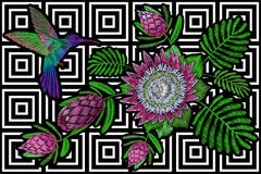 Kolibri runt om blomningen för sommar för blommaprotea den exotiska tropiska Svart för tryck för textil för garnering för broderi royaltyfri illustrationer Kolibri runt om blomningen för sommar för blommaprotea den exotiska tropiska Svart för tryck för textil för garnering för broderi royaltyfri illustrationer