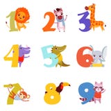 Kolorowe liczby od 1 9 i zwierzęta Kreskówka lew, zebra, żyrafa, hipopotam, krokodyl, słoń, małpa Zdjęcia Stock Kolorowe liczby od 1 9 i zwierzęta Kreskówka lew, zebra, żyrafa, hipopotam, krokodyl, słoń, małpa Zdjęcia Stock