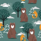 Kolorowy bezszwowy wz?r, nied?wiedzie, lisy i drzewa, Dekoracyjny ?liczny t?o z zwierz?tami ilustracja wektor Kolorowy bezszwowy wz?r, nied?wiedzie, lisy i drzewa, Dekoracyjny ?liczny t?o z zwierz?tami ilustracja wektor