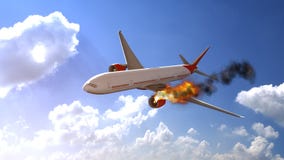 Kommersiellt flygplan med motorn p? brand, begrepp av den flyg- katastrofen illustration 3d royaltyfri illustrationer Kommersiellt flygplan med motorn p? brand, begrepp av den flyg- katastrofen illustration 3d royaltyfri illustrationer
