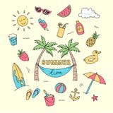 Konst för klotter för sommartid med illustrationen för strandferieobjekt Mycket kulör idérik handteckningsdesign stock illustrationer Konst för klotter för sommartid med illustrationen för strandferieobjekt Mycket kulör idérik handteckningsdesign stock illustrationer