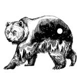 Konst för tatuering för dubbel exponering för vektorbjörn Kanada Berg kompass T-skjorta för kontur för brunbjörnbjörn gråsprängd vektor illustrationer Konst för tatuering för dubbel exponering för vektorbjörn Kanada Berg kompass T-skjorta för kontur för brunbjörnbjörn gråsprängd vektor illustrationer