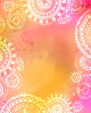 Konstnärlig vattenfärgtextur med den vit hand drog mandalaklotterramen Blandning av rosa färger Guling- och apelsinfärger vektor illustrationer Konstnärlig vattenfärgtextur med den vit hand drog mandalaklotterramen Blandning av rosa färger Guling- och apelsinfärger vektor illustrationer