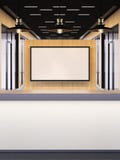 Kontorslobby med ett mottagandeskrivbord och tv framförande 3d vektor illustrationer Kontorslobby med ett mottagandeskrivbord och tv framförande 3d vektor illustrationer