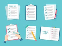 Kontroller för lista för affärskontrollistaprioritet, lista för kontrollfläck och kontrollerapapper för att göra den plana vektor stock illustrationer Kontroller för lista för affärskontrollistaprioritet, lista för kontrollfläck och kontrollerapapper för att göra den plana vektor stock illustrationer
