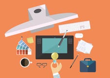 Konzeptidee, Draufsichtcomputer und Ausrüstungen für Arbeit des kreativen und Grafikdesigners, flache Linie Vektor und Illustrati stock abbildung Konzeptidee, Draufsichtcomputer und Ausrüstungen für Arbeit des kreativen und Grafikdesigners, flache Linie Vektor und Illustrati stock abbildung