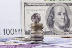 Kopeck da moeda do russo no fundo de euro dos dólares das cédulas fotografia de stock Kopeck da moeda do russo no fundo de euro dos dólares das cédulas fotografia de stock