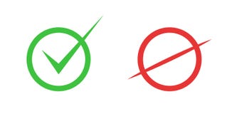 Korrekta och oriktiga symboler Riktigt och falskt tecken vektor stock illustrationer Korrekta och oriktiga symboler Riktigt och falskt tecken vektor stock illustrationer