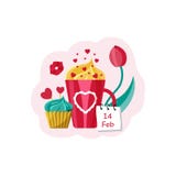 Kort för dag för valentin` s Råna med drinken, muffin, hjärtor och tulpan också vektor för coreldrawillustration royaltyfri illustrationer Kort för dag för valentin` s Råna med drinken, muffin, hjärtor och tulpan också vektor för coreldrawillustration royaltyfri illustrationer