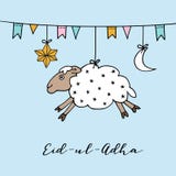 kort för hälsning Eid-ul-adha med den hand drog får, månen, stjärnan och flaggor Muslimsk gemenskapfestival av offret vektor royaltyfri illustrationer kort för hälsning Eid-ul-adha med den hand drog får, månen, stjärnan och flaggor Muslimsk gemenskapfestival av offret vektor royaltyfri illustrationer