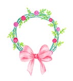 Kortet för tappningvattenfärghälsningen med blommor, den gröna filialen och rosa färger bugar vektor illustrationer Kortet för tappningvattenfärghälsningen med blommor, den gröna filialen och rosa färger bugar vektor illustrationer