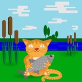 Kot z dużą rybą w płaskim stylu ilustracji Kot z dużą rybą w płaskim stylu ilustracji